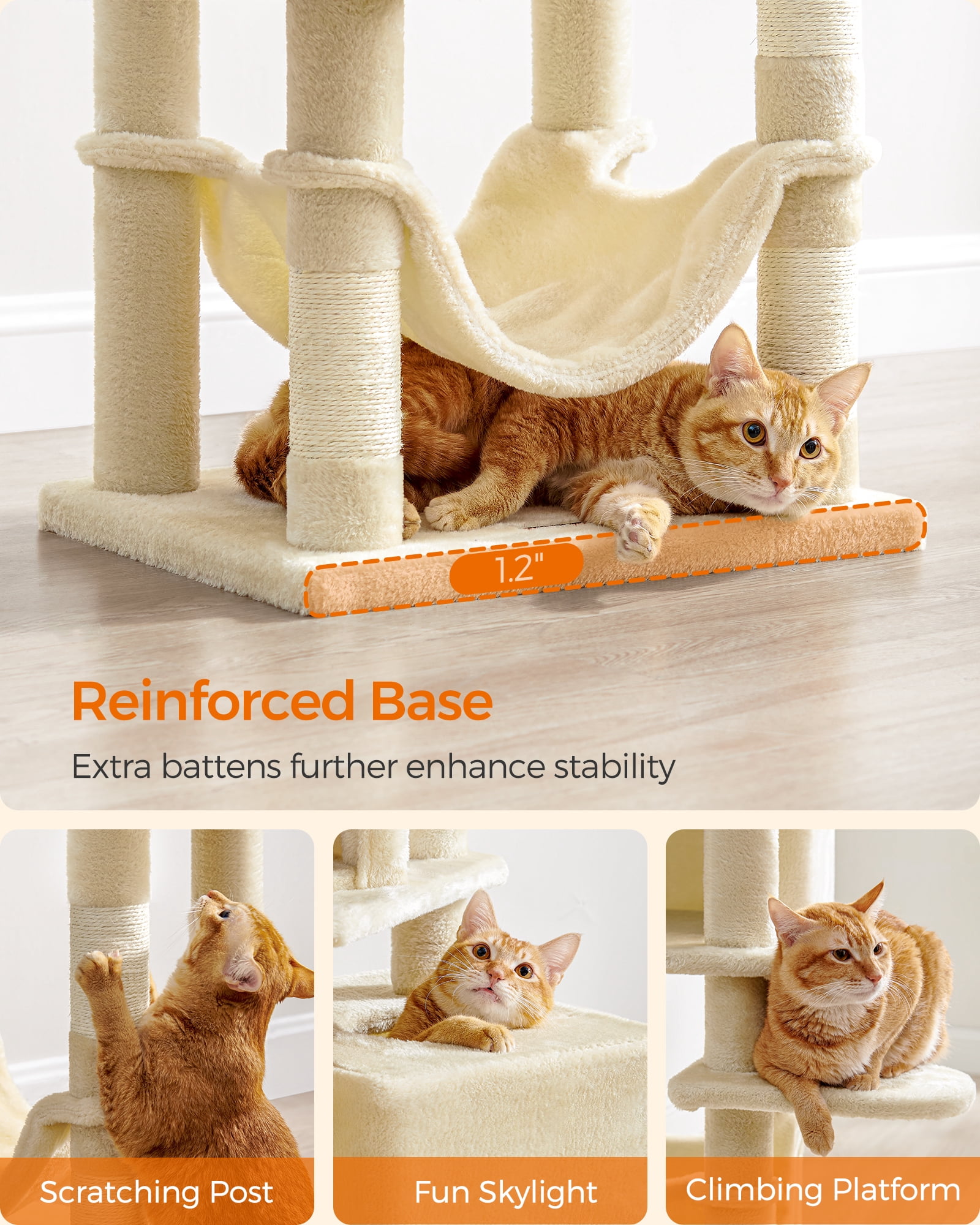 61"H Cat Tree Cat Tower for Indoor Cats, Plush Multi-Level Cat Condo with Scratching Posts, Perches, Caves, Hammock, Beige