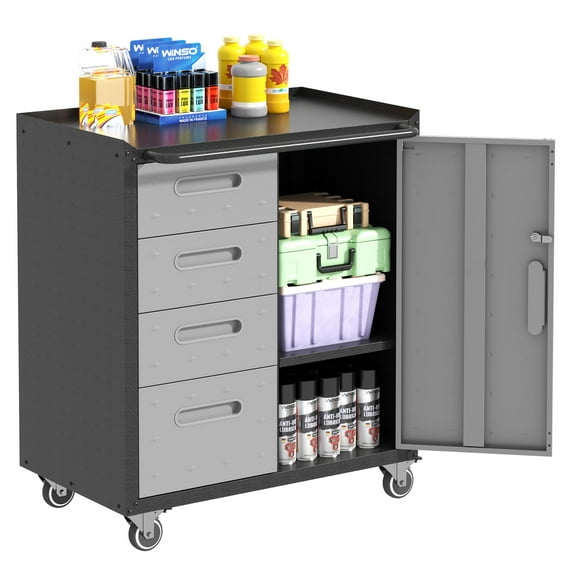 Sturdy Metal Tool Storage Cabinet with Wheels - Tool Storage Cabinet for Garage, Office, and Home Organizer Solutions, Black/Gray