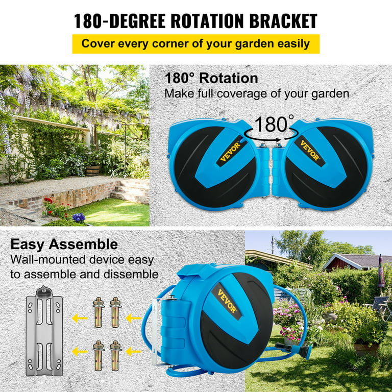 VEVOR Retractable Hose Reel, 1/2 inch x 75 ft, Any Length Lock & Automatic  Rewind Water Hose, Wall Mounted Garden Hose Reel With 180° Swivel Bracket  and 7 Pattern Hose Nozzle, Blue 