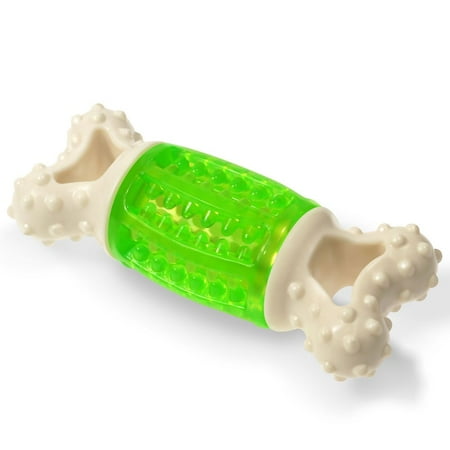 Bone Shaped Dog Toy - Fluffy Paws Squeaky Bone-Shaped Rubber Durable Chime Dental Pet Dog Chew Toy - Green/White (5.60
