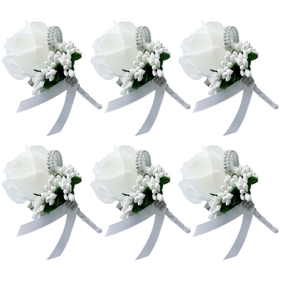 6-Pack White Silk Rose Wedding Corsage Set with Rhinestones - Elegant Floral Brooch Pin & Clip for Bridesmaids, Bride, Groomsmen, Wedding Party Decorations