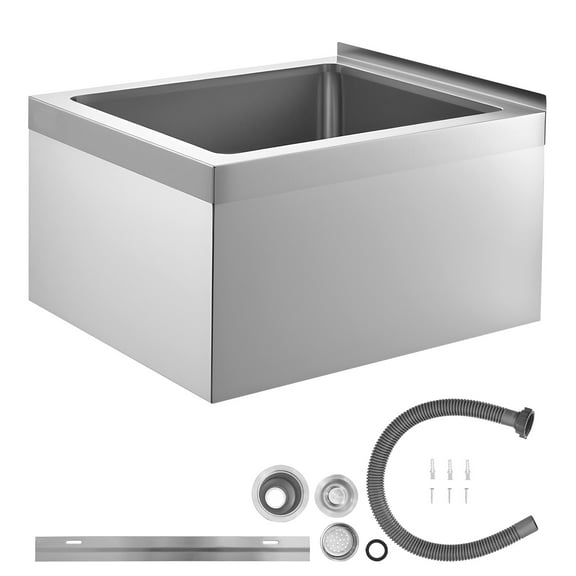 KFFKFF Stainless Steel Wall-Mounted Mop Sink, 22 x 19 x 12 in, 304 Stainless Steel Construction, Includes Backsplash, Multi-Function Filter, and X-Shaped Drainage Design,Ideal for Balcony or Bathroom