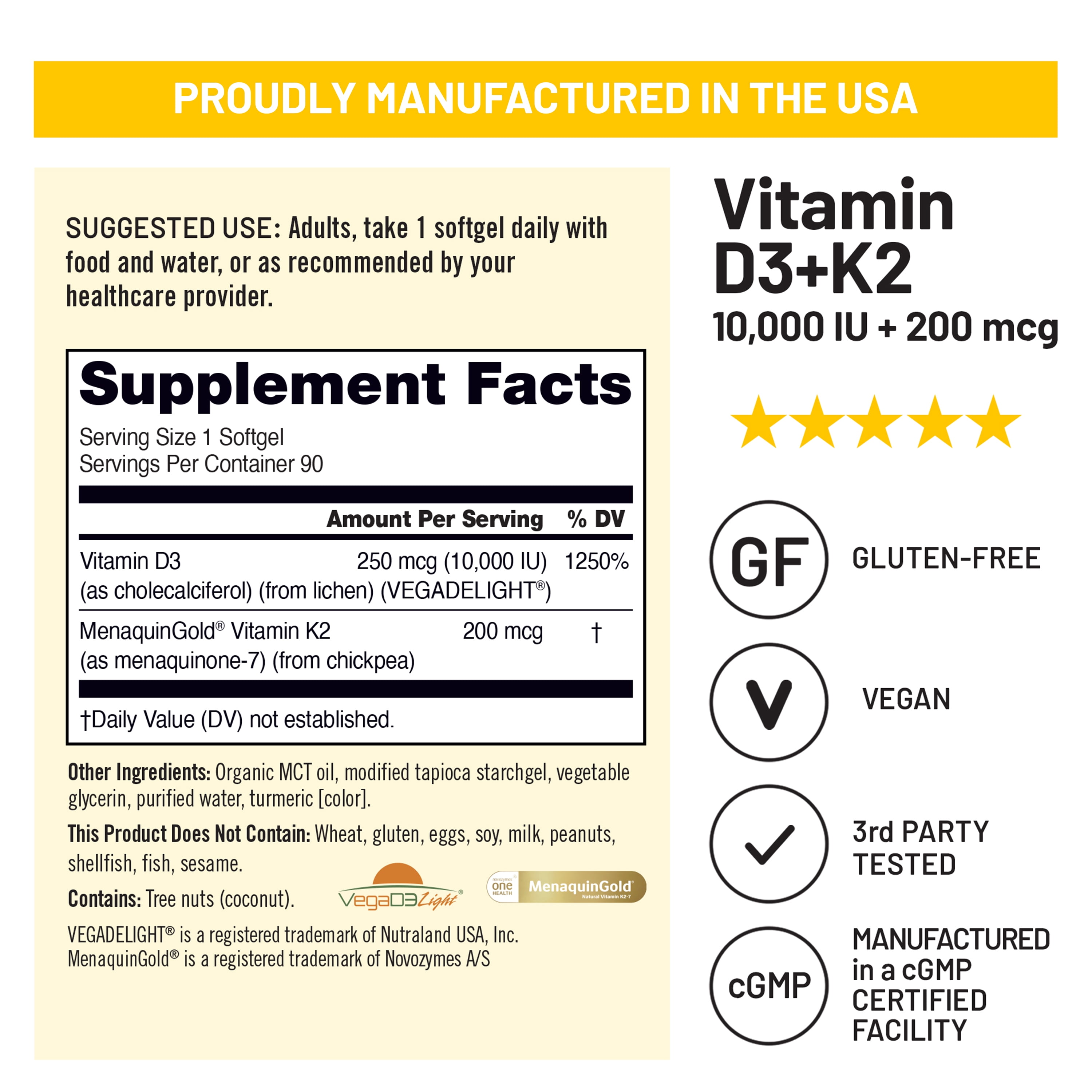 NatureWise Vegan Vitamin D3 10000IU + K2 - Organic Coconut MCT Oil - 90 Softgel[90-Day Supply]