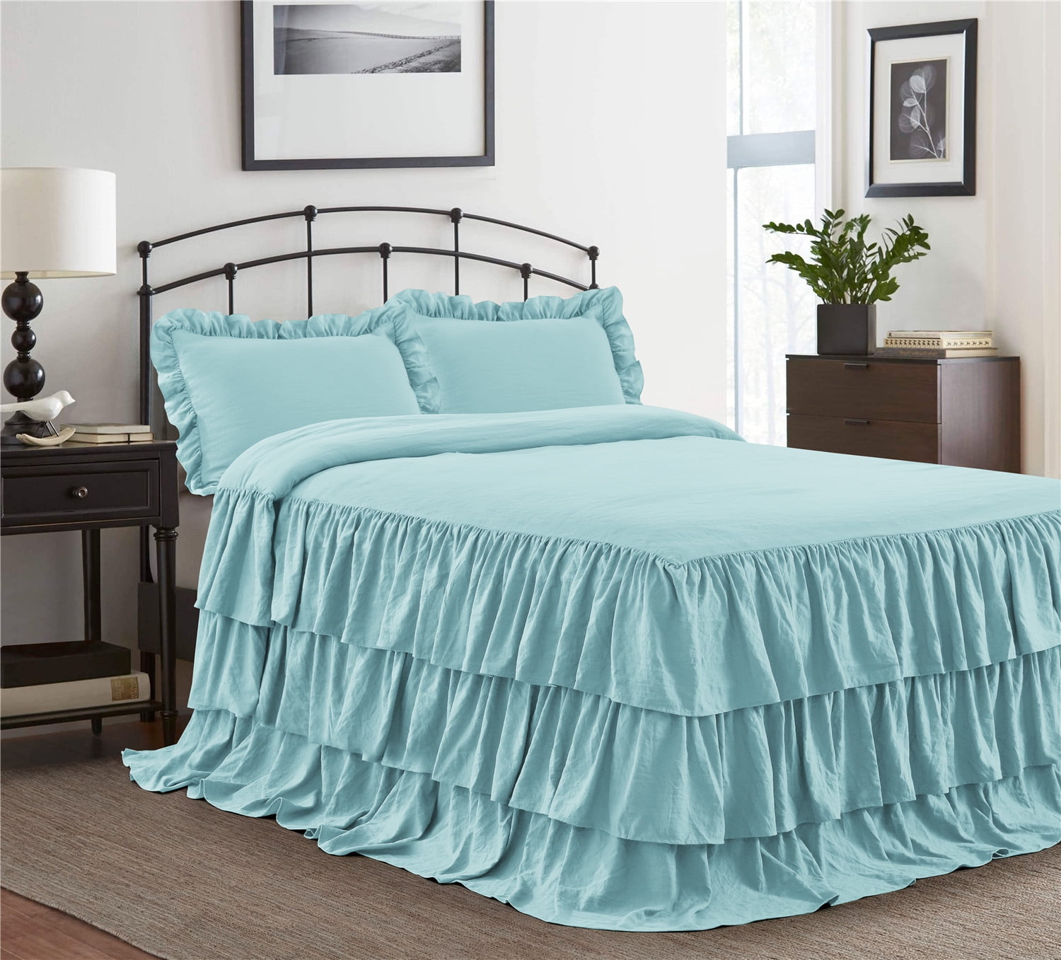 Details about   Quilted Bedspread Ruffles Pillowcase Cotton Quilted Bedskirt Luxury Princess