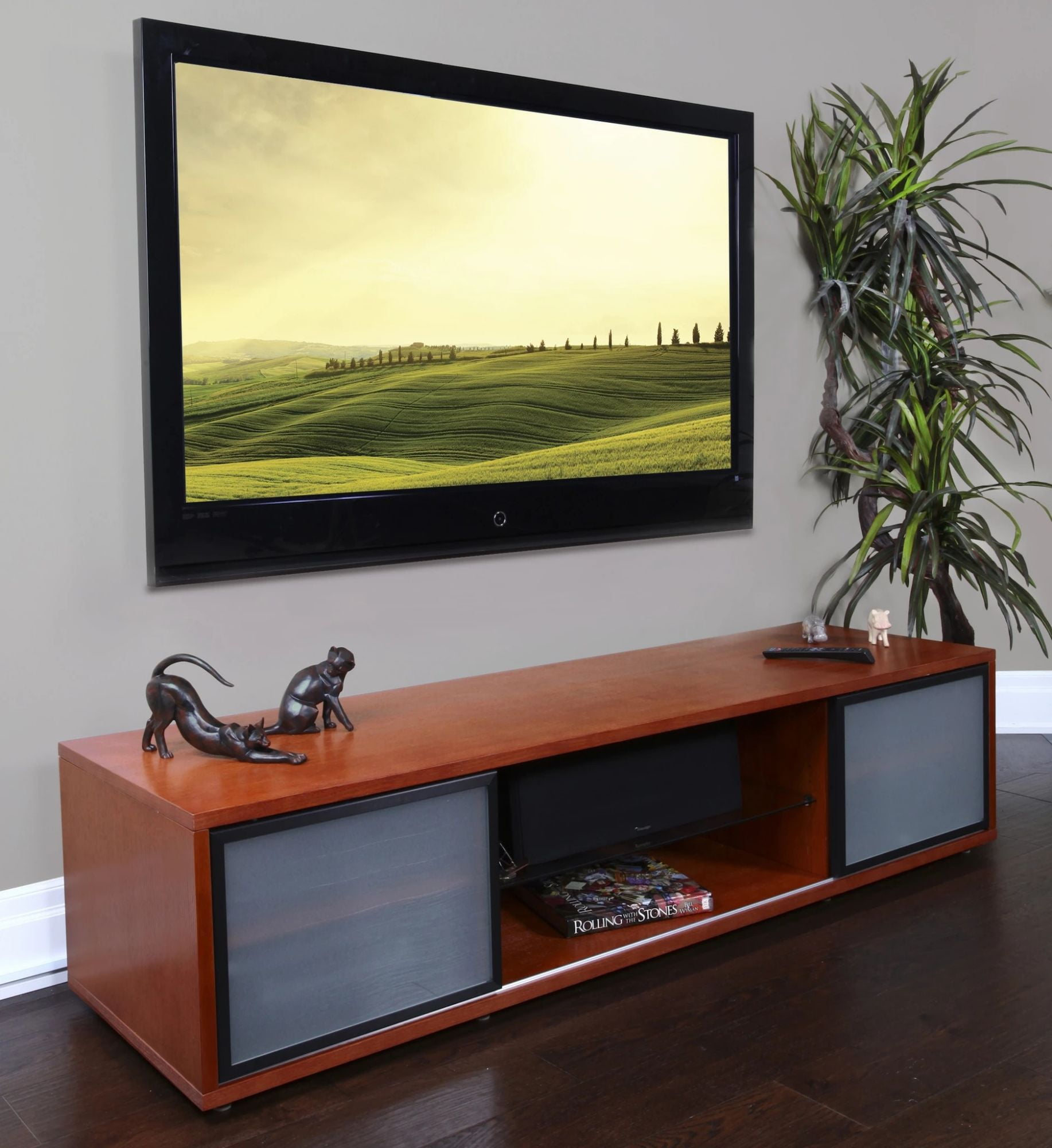 75" Brown Contemporary Walnut Finish TV Stand with Black ...