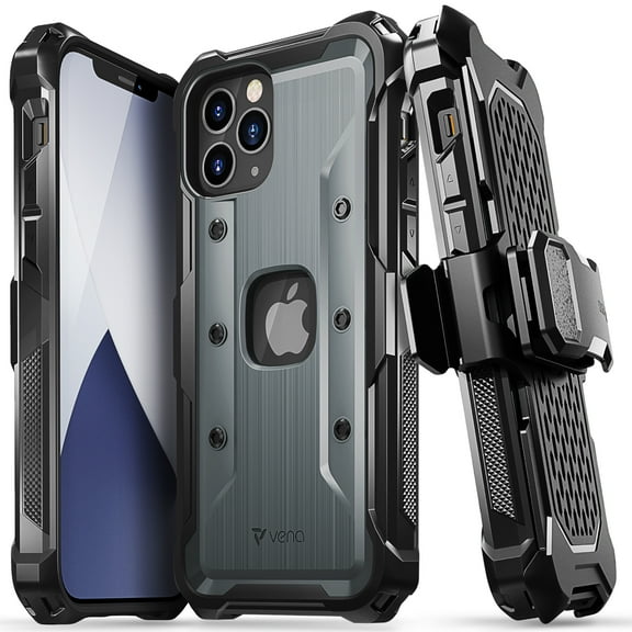 Vena vArmor Rugged Case Compatible with Apple iPhone 12 / iPhone 12 Pro (6.1"-inch), (Military Grade Drop Protection) Heavy Duty Holster Belt Clip Cover with Kickstand - Space Gray