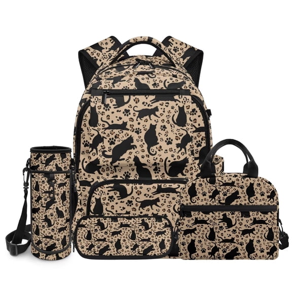 Uourmeti Cat Backpack for Girls 6-8 8-10 Leopard Print School Backpack with Lunch Box Pencil Case Water Bottle Holder 4 in 1 Set Girls Bookbag Elementary School Bag with Multiple Pocket