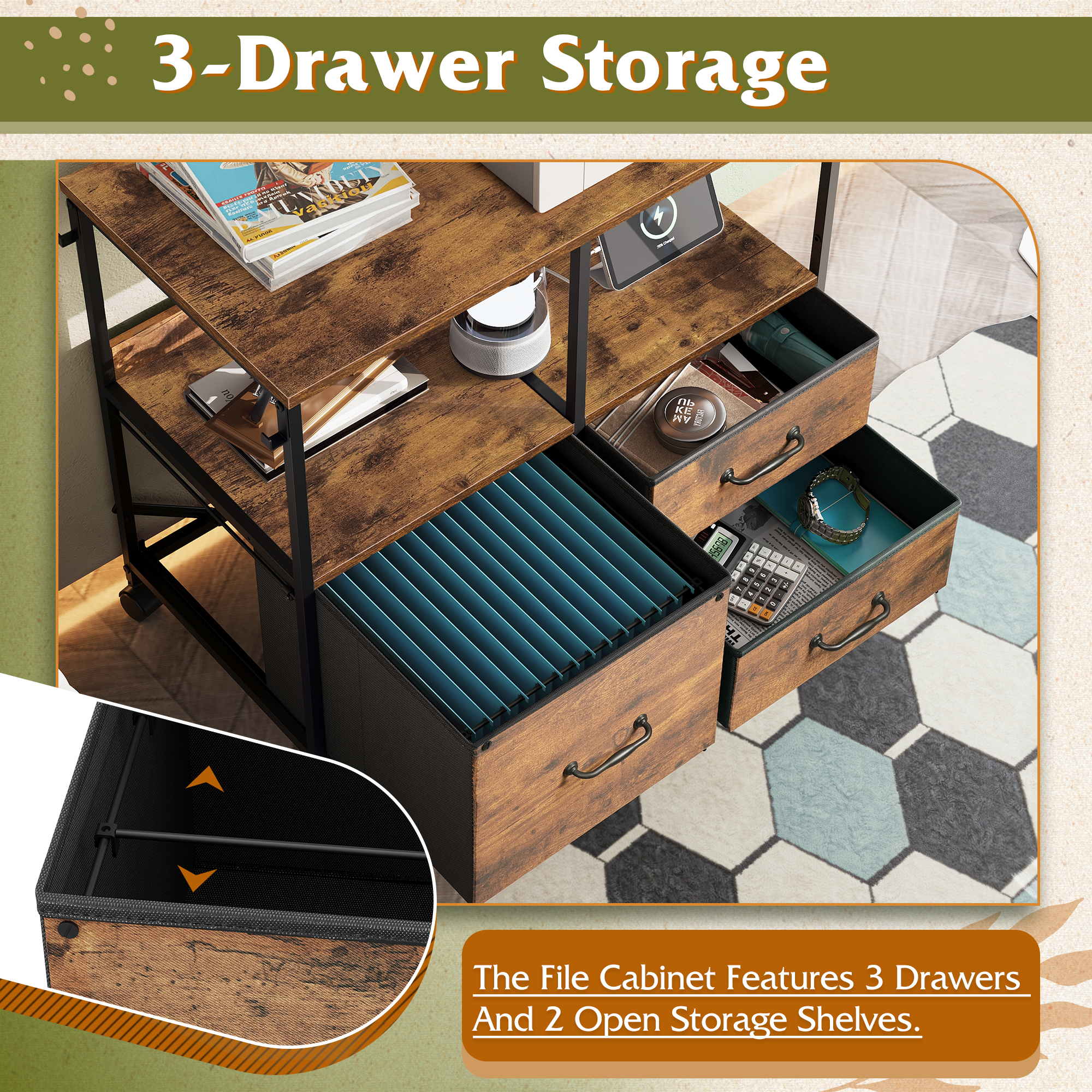 GALAXHERO 3 Drawer File Cabinet with Charging Station, Mobile Printer Stand with Storage Shelves, Filing Cabinet Furniture for Home Office, Fits Letter/A4, Rustic Brown