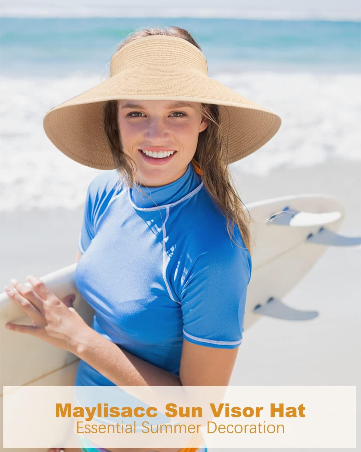2PCS Foldable Straw Sun Visors for Women, Wide Brim Adjustable Topless Beach Hat Foldable Straw Sun Visor for Women, Sun Protecetion Wide  main image 2