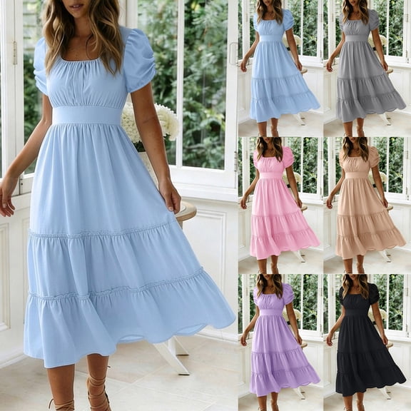 Lcziwo Womens Summer Midi Dresses Tiered High Waisted Casual Sundresses Short Sleeve Square Neck Beach Vacation Dress Black,M