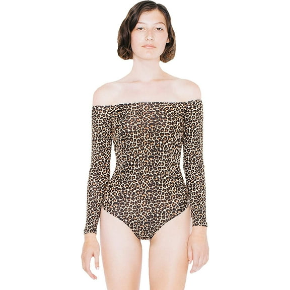 American Apparel Women Cotton Spandex Off-Shoulder Long Sleeve Bodysuit, Cheetah, Large