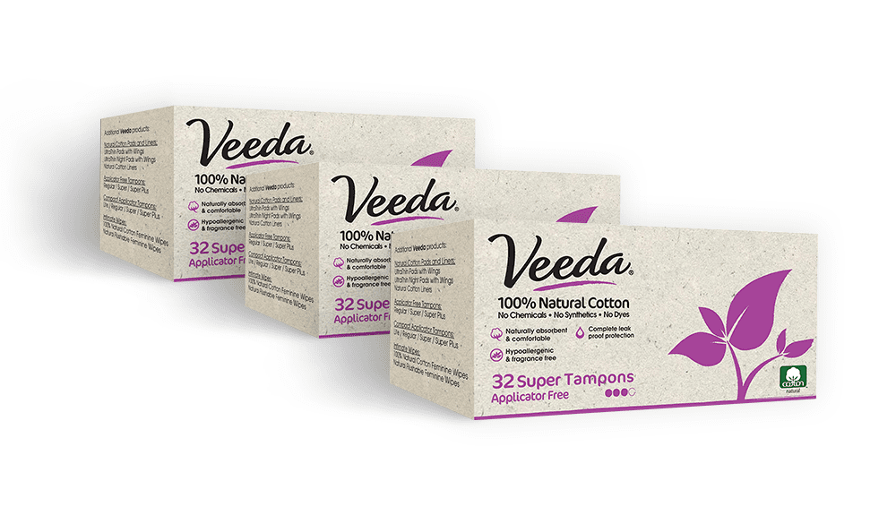 Veeda GMO-Free 100% Natural Cotton Applicator-Free Super Tampons