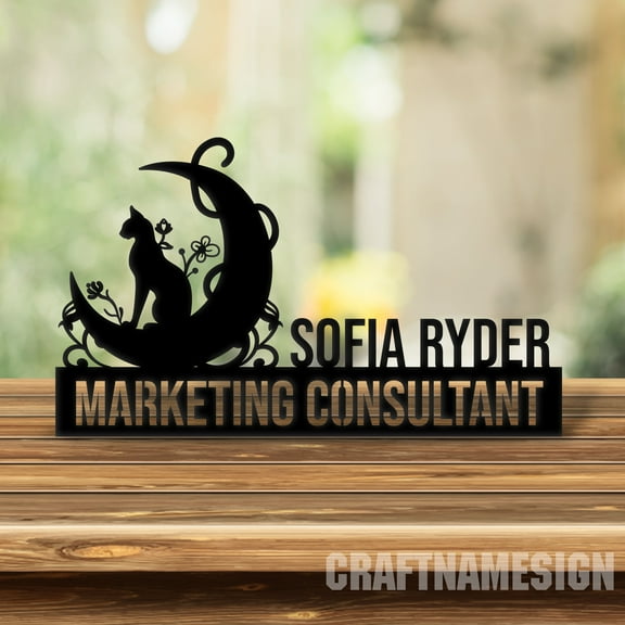 Craftnamesign Custom Wooden Desk Name Plate for Cat Lovers, Cat On The Moon Metal Nameplate