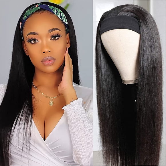 Feibin Bandeau Perruque Cheveux Humains Perruques pour Femmes Noires Cheveux Humains Soyeux Lisse 16 Pouces Sans Colle Perruque Cheveux Vierge Brésilien Perruque à Porter à la Machine Sans Dentelle Perruque avant