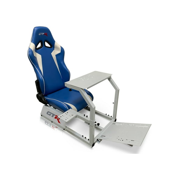 GTR Simulator GTA Model Racing Simulator Cockpit Silver Frame with Blue/White Seat
