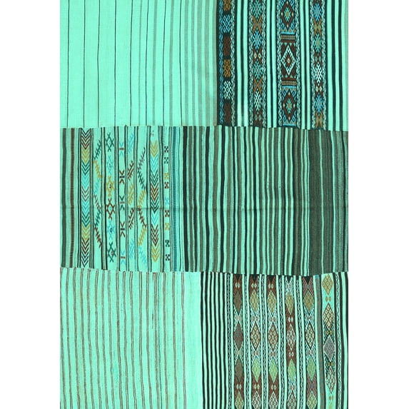Ahgly Company Machine Washable Indoor Rectangle Patchwork Turquoise Blue Transitional Area Rugs, 2' x 5'