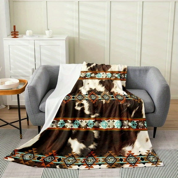 Erosebridal Cowhide Fleece Throw Blanket | Highland Cow & Aztec Design | 50x60 Inch | Soft Anti-Pilling Flannel | Western Farmhouse Decor | Multi-Color Brown