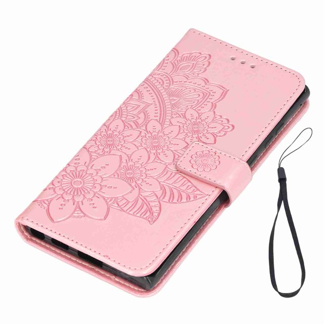 Funda tipo billetera para Galaxy S22 Ultra Funda protectora tipo billetera de cuero PU con tapa abatible con soporte para ranura para tarjetas Flor de siete pétalos en relieve Oro rosa