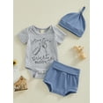 thumbnail image 3 of Elippeo Baby Boys Shorts Set 3 6 12 18 Months Letters Print Romper with Elastic Waist Shorts and Hat Summer Set Clothes, 3 of 10