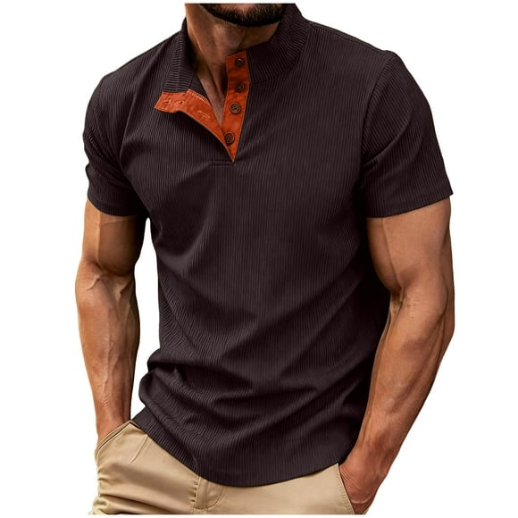 cfhntfmh Chemises Henley en Velours Côtelé pour Hommes Manches Courtes Été T-Shirt à Col Montant Décontracté à Boutons Grande Taille et Très Grande Taille Hauts de Gym (Coffee, 5X-Grand)