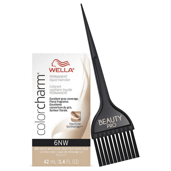 6NW Dark Natural Warm Blonde, Wella ColorCharm Permanent Liquid Hair Color 42 ml / 1.4 oz Beauty Pro Brush