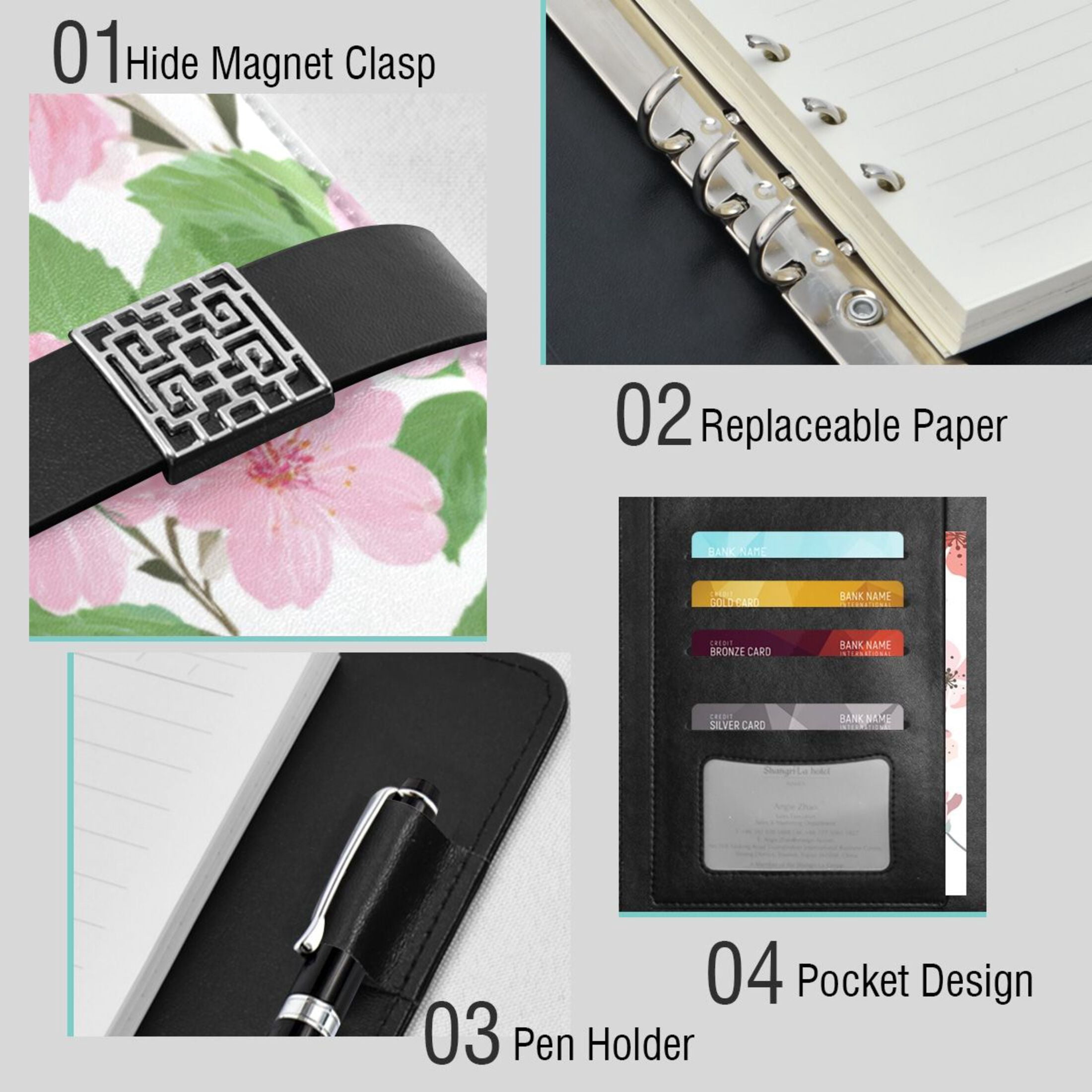 Leather Planner Leather Notebook Notebook Journal Binder Design Pen Pocket Design Convenient for Storage Pink Cherry Blossom Motif