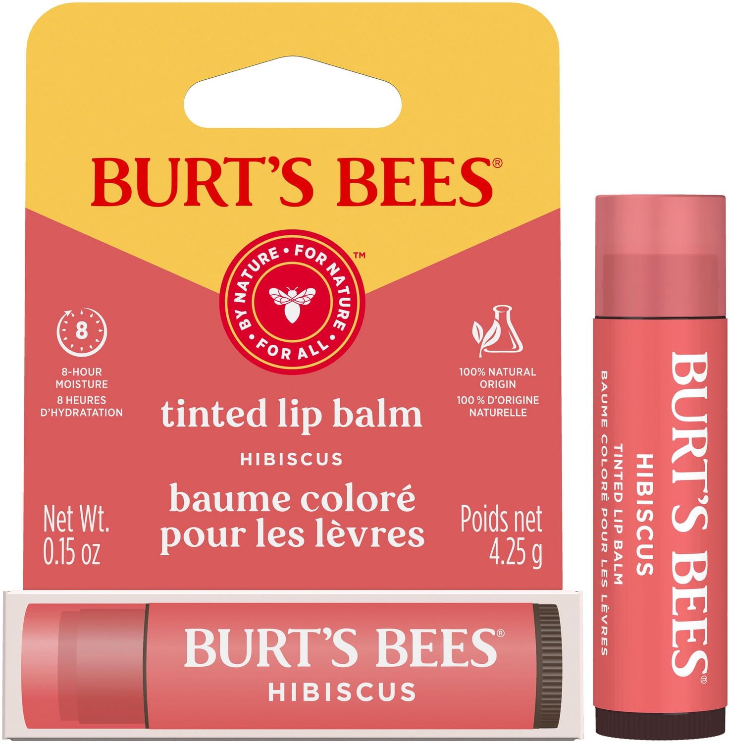 Baume hydratant coloré pour les lèvres 100 % d’origine naturelle de Burt's Bees®, Hibiscus avec beurre de karité — 1 tube