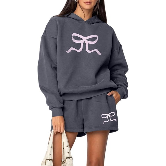 Women 2 Piece Outfits Bow Trim Print Hoodie Sweatsuit Sets Oversized Sweatshirt Short Sweatpants with Pockets Gray XL