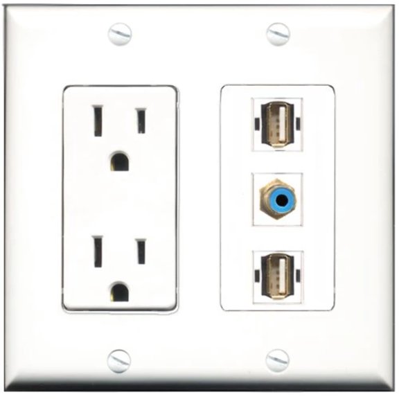 RiteAV - 15 Amp Power Outlet 1 Port RCA Blue 2 Port USB A-A Decorative Wall Plate