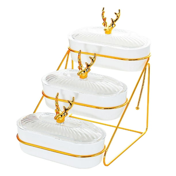 Plato de frutas secas Platos de aperitivos con soporte con tapa Bandeja para servir frutero de varios niveles 3 capa
