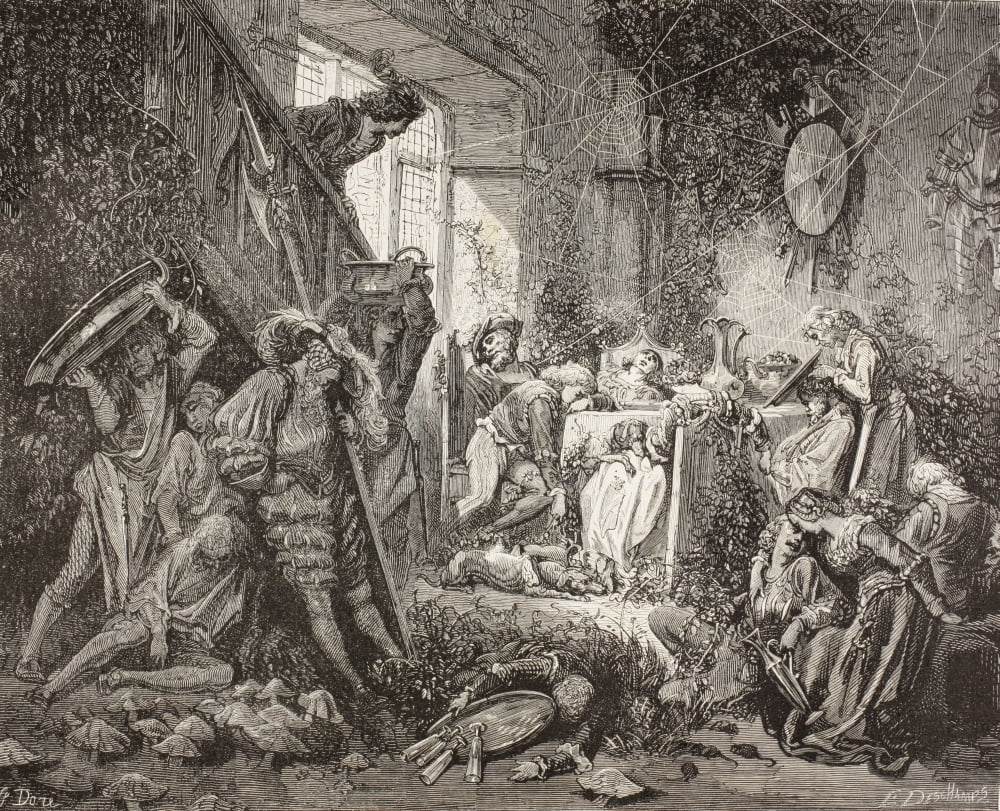 Scene From Sleeping Beauty By Charles Perrault The Princess Has Pricked Her Finger And Fallen Asleep The Good Fairy Then Casts A Spell So That Everyone In The Castle Falls Asleep After A Work By Gusta