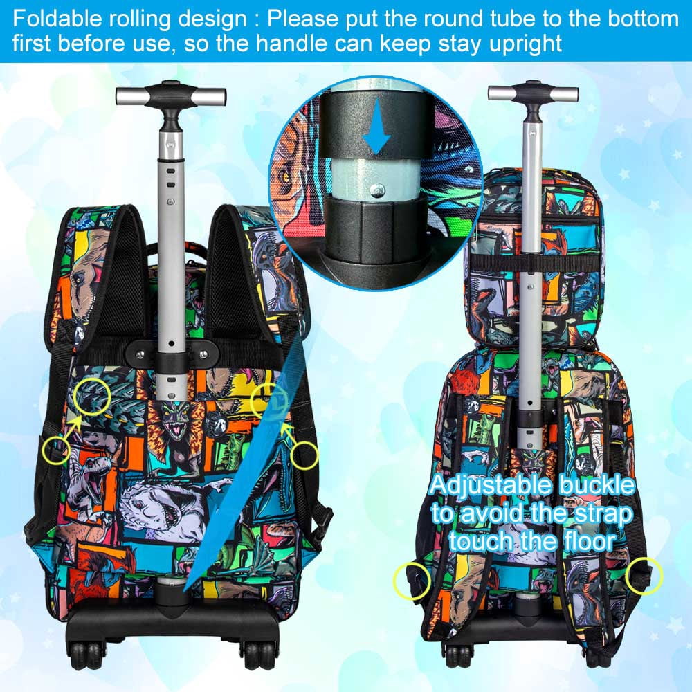 AGSDON 3PCS Rolling Backpack for Men, 21 Inch Water Resistant Dinosaur Backpacks with Roller Wheels, Wheeled Bookbag for Teens Boys Elementary School Travel