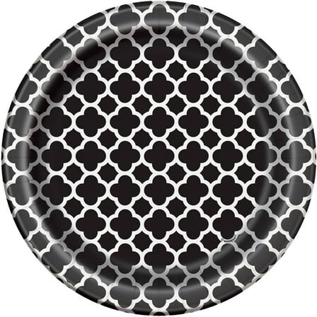 7" Black Quatrefoil Paper Dessert Plates, 8ct