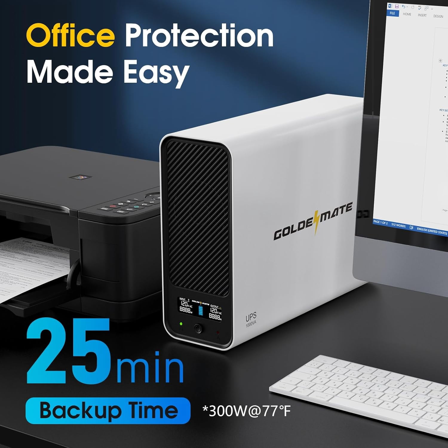 GOLDENMATE 1000VA / 600W Lithium UPS Battery Backup & Surge Protector with Pure Sine Wave Output, USB Auto-Shutdown, 8 Outlets and LCD Display