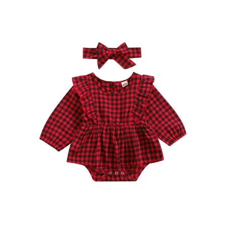 

Ehfomius 0-18 Months Baby Girls Clothes Set Plaid Print Long Sleeve Romper and Headdress Ideal Gifts for Baby Girls on Christmas