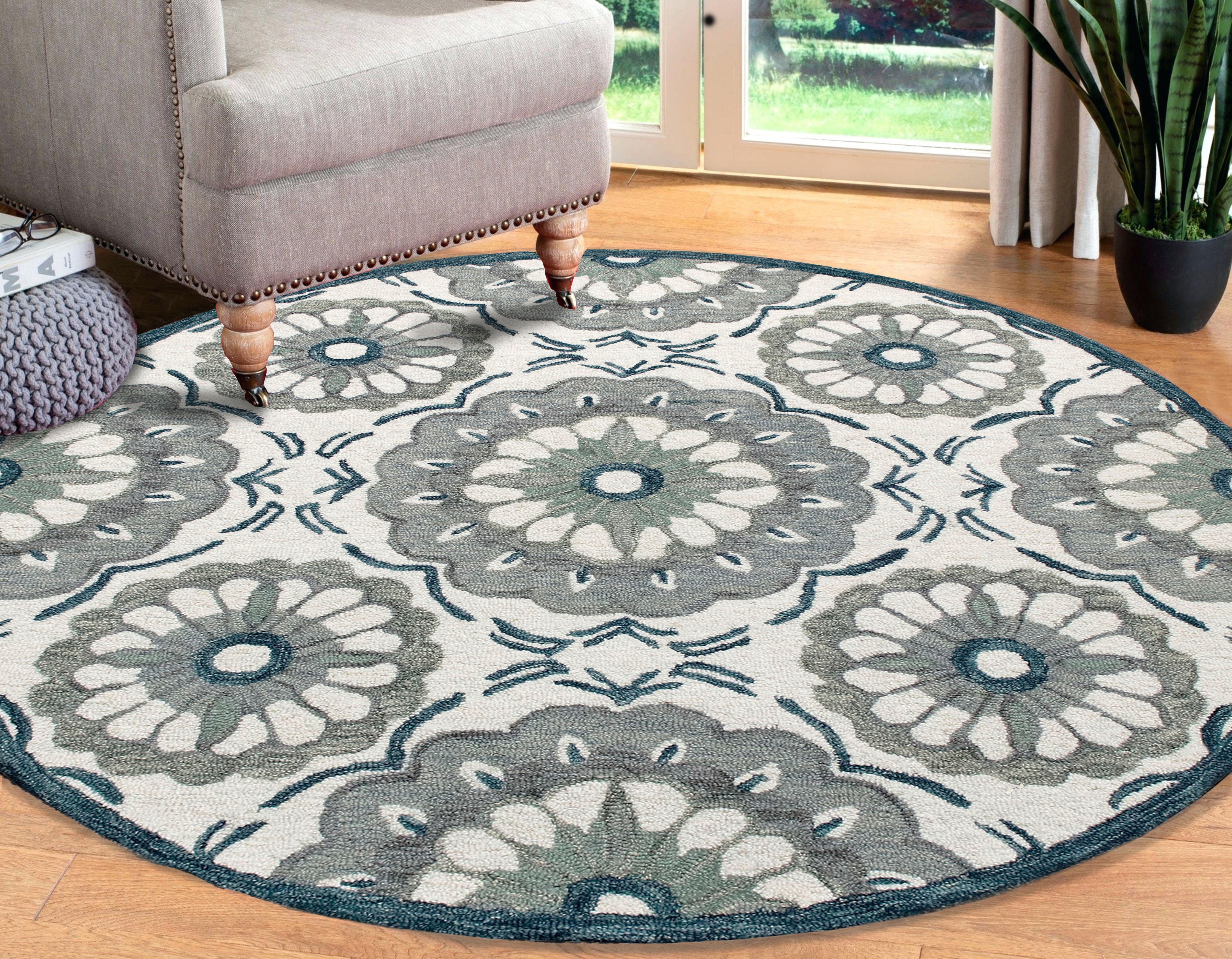 Elm & Oak Clio 7'3" Round Ivory/Gray Suzani Handmade Wool Indoor Area Rug