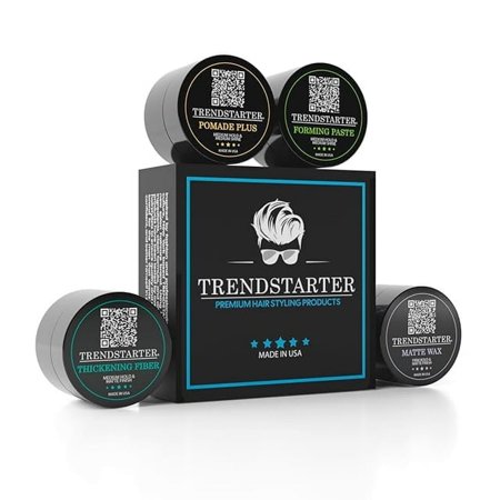 TRENDSTARTER - Men's Premium Hair Styling Sample Pack - Matte Wax - Forming Paste - Thickening Fiber - Pomade Plus (1 Sample Box - Four 0.25oz Samples)