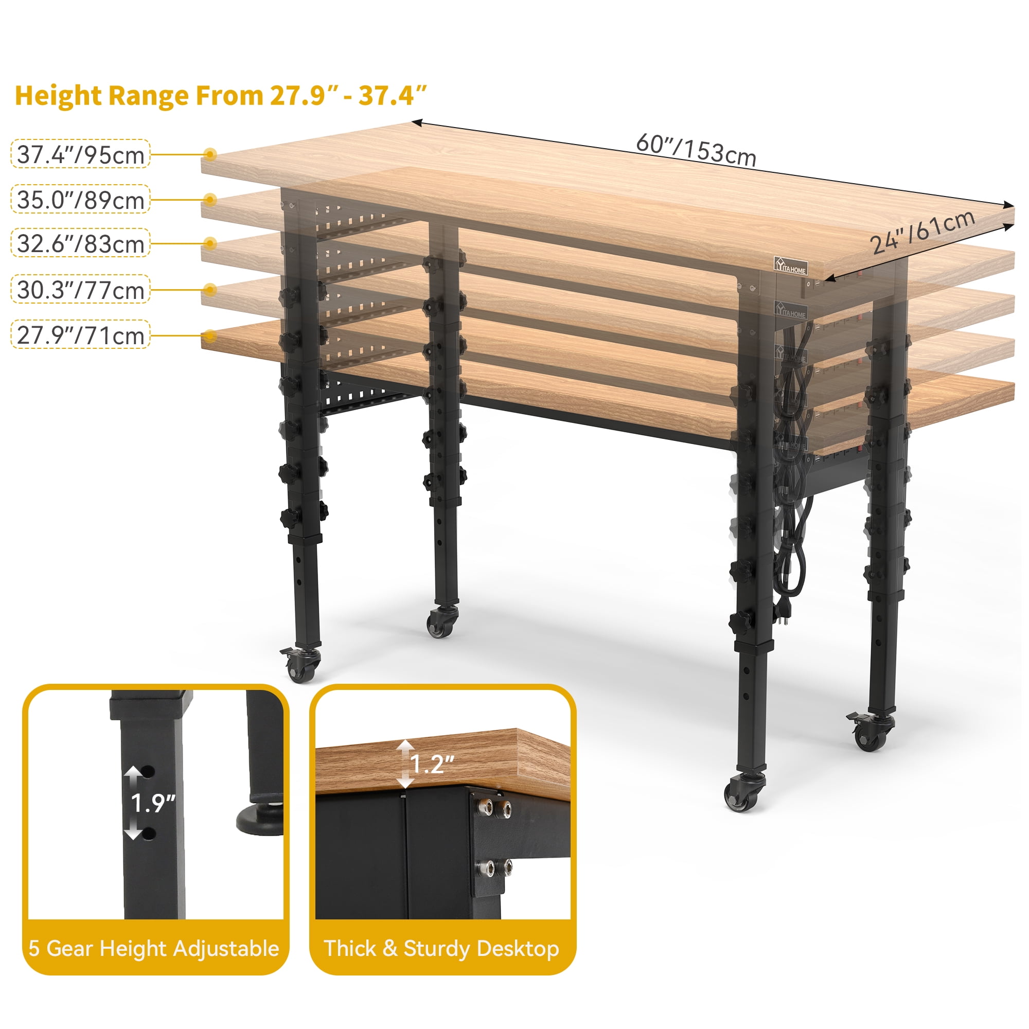 Uforic Work Bench 60" L X 24" W Adjustable Workbench for Garage W/Pegboard & Power Outlets Hardwood Top Heavy-Duty Workstation, 1600 LBS Load Capacity with Wheels for Workshop, Office, Home Outdoor