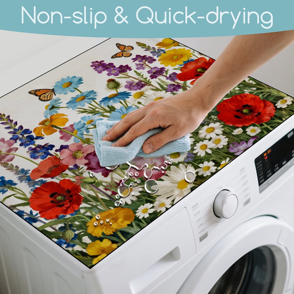 Retro Flowers Laundry Washer Dryer Dust Cover Mat 23.6x19.6inch Colorful Wildflowers Washing Machine Top Protector Pads Butterflies Non