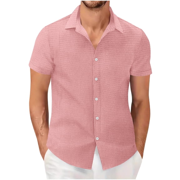 Npasoilc Summer Button Down Shirts for Men Turndown Collar Short Sleeve Chemise Shirts Waffle Thin Breathable T-Shirts Casual Daily Blouse Tops