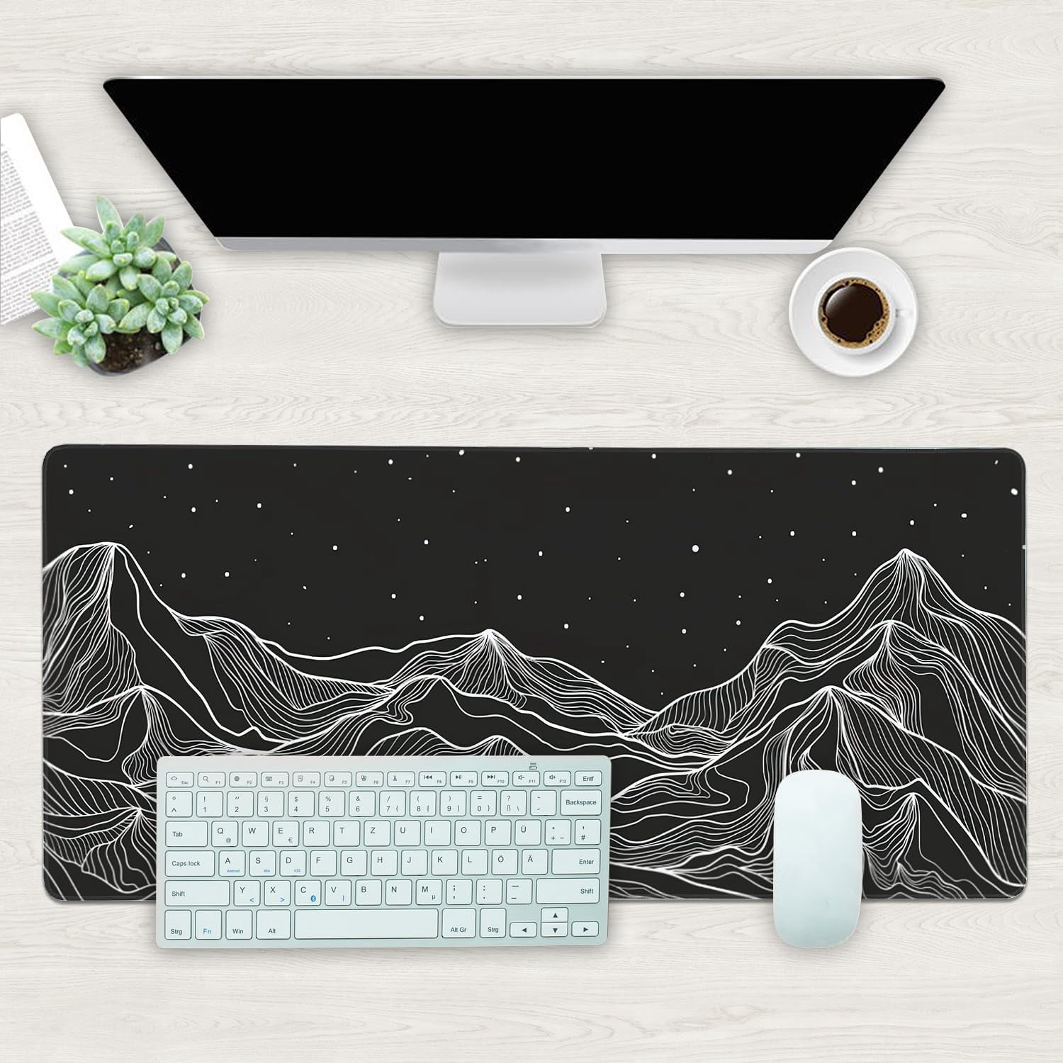 Desk Mat, Black Mountains Topographic Contour Extended Gaming Mouse Pad Large, 35.4"x15.7" Big Mouse Pad with Non-Slip Base and Stitched Edge, Long Computer Keyboard Mouse Mat for Home Office Work