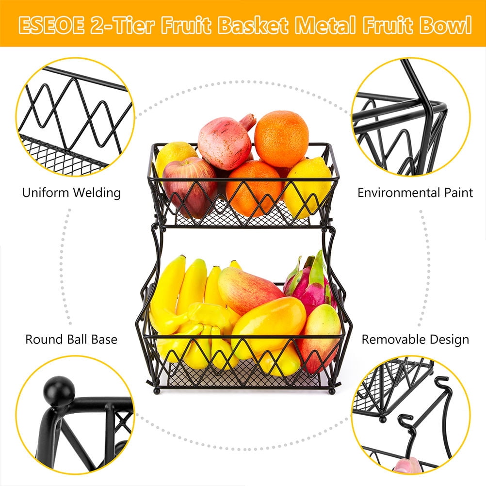 OUNONA Two-Tier Glossy Black Fruit Basket and Vegetable Storage Rack Organizer for Kitchen Countertop and Pantry