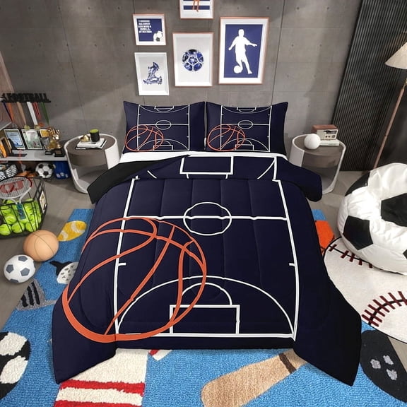 Basketball Comforter Set Queen Size Basketball Bedding Set Teens,Gaming Sports Down Comforter Dark Blue Basketball Court Quilt Bed Set Room Decor with 2 Pillowcases