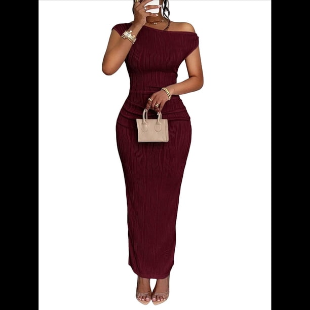 Vestido Elegante de Verano para Mujer, de Corta, Ajustado, para Cóctel, Graduación, con Hombros Descubiertos y Corte Oblicuo. Rojo Vino M
