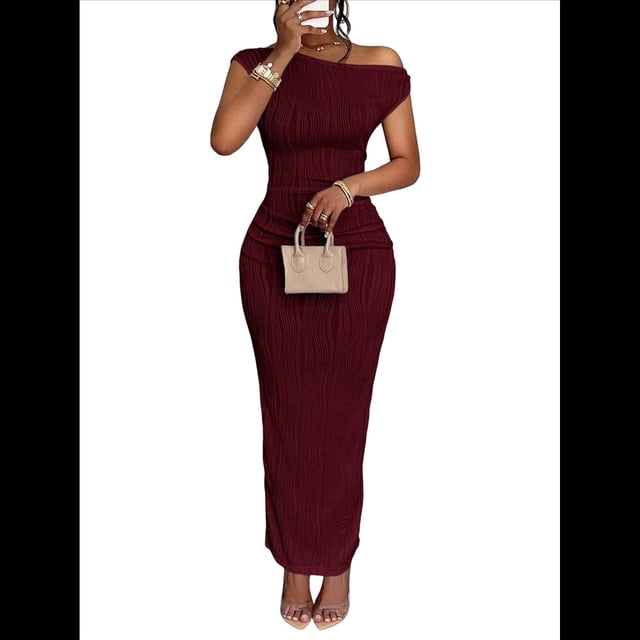 Vestido Elegante de Verano para Mujer, de Corta, Ajustado, para Cóctel, Graduación, con Hombros Descubiertos y Corte Oblicuo. Rojo Vino S