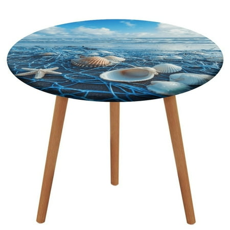 

Beach Starfish Shells (2) Round Fitted Tablecloth Elastic Table Cover Waterproof Dining for Indoor Outdoor Decor Table Cloth