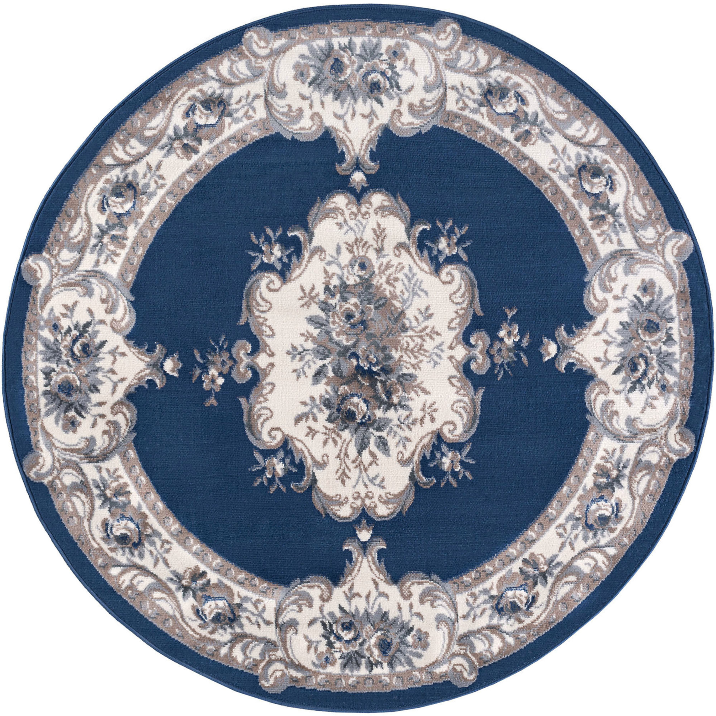 Hampton Traditional 5' Round Navy and Gray Polypropylene Indoor Area Rug