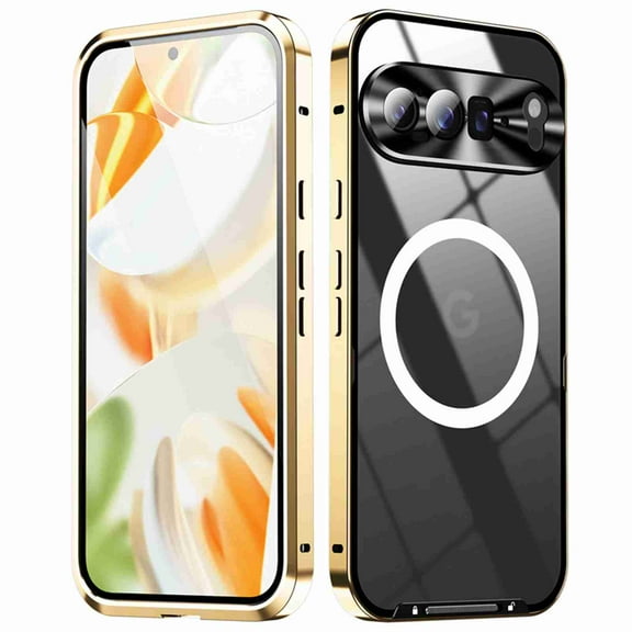 Dteck Magnetic for Google Pixel 9 Pro XL Case, Compatible with MagSafe Charger Ultra Slim Matte PC Back Metal Frame Bumper Scratch Resistant Safety Lock Shockproof Protective Case, Gold