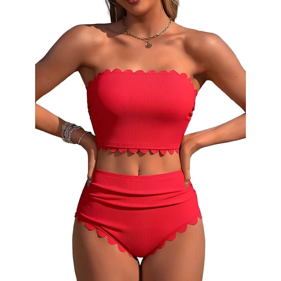 Sociala Strapless High Waisted Bikini Sets for Women Tummy Control Scallop Ribbed Bandeau Swimsuit Lace up Bathing Suits