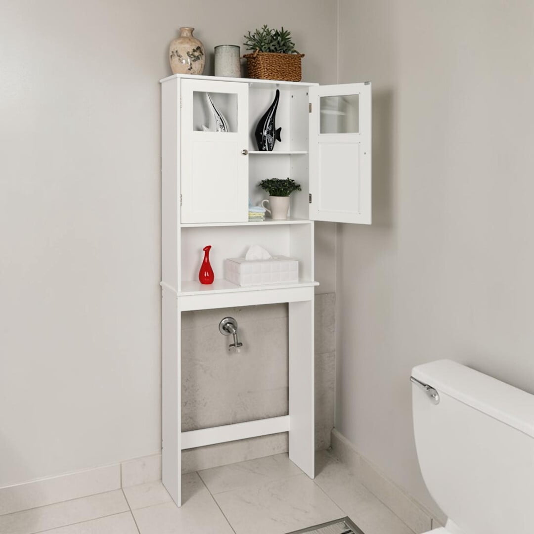 Hassch Freestanding 2-Door Cabinet over Toilet/Washer, 67" Tall Bathroom Space Saver with Adjustable Shelf & Open Storage, for Small Space, White
